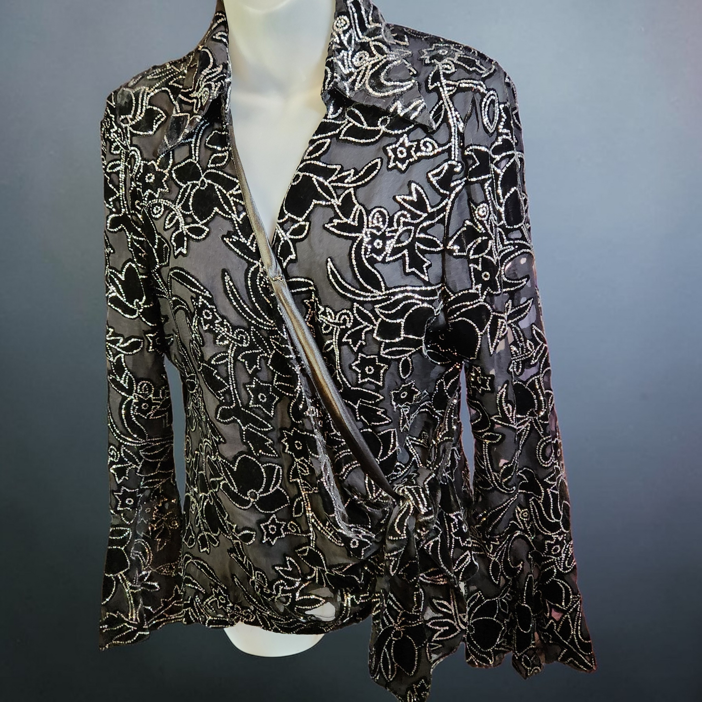 Black Wrap Blouse Metallic Floral Embroidery