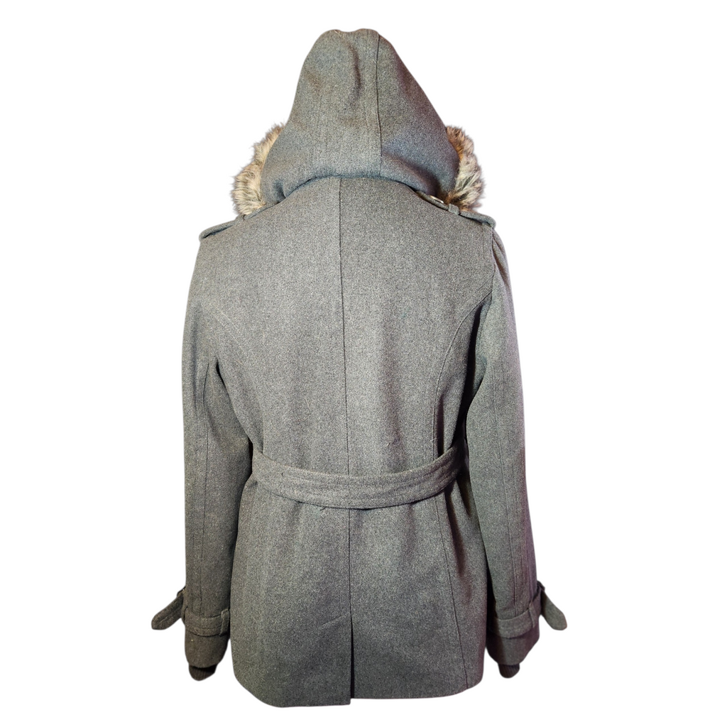 Grey Wool Belted Jacket with Faux Fur Hood