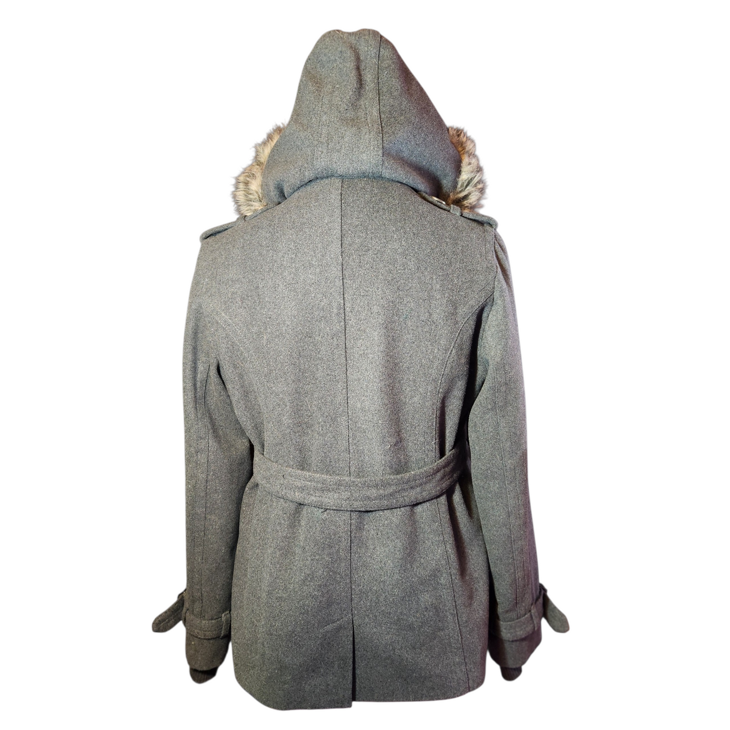 Grey Wool Belted Jacket with Faux Fur Hood