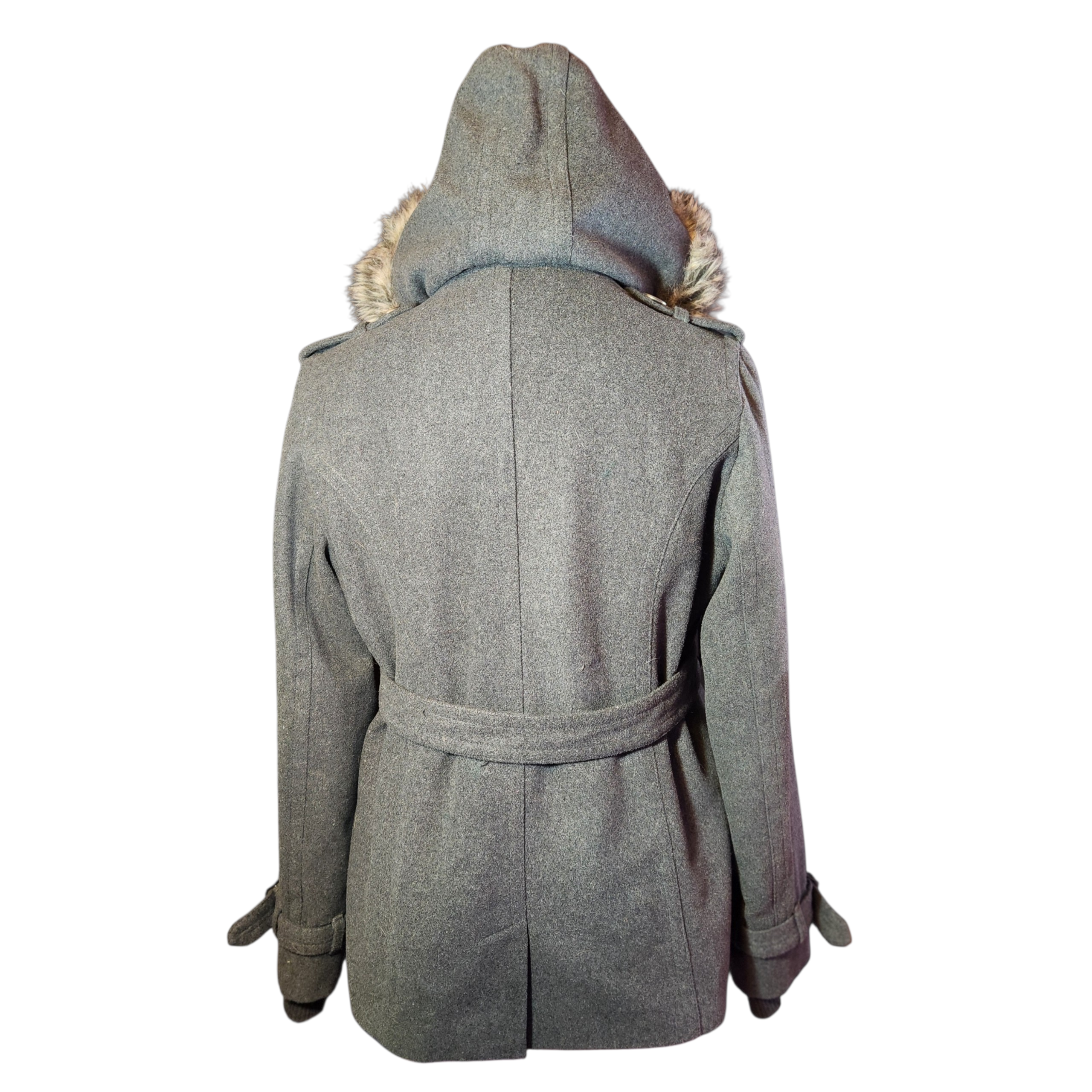 Grey Wool Belted Jacket with Faux Fur Hood