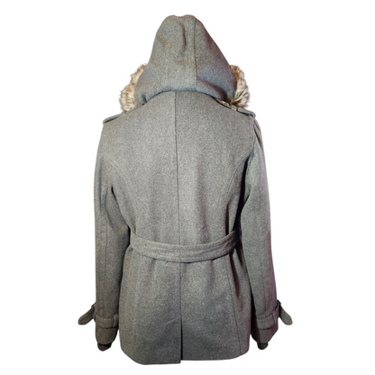 Grey Wool Belted Jacket with Faux Fur Hood