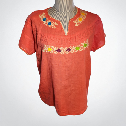 Linen Orange Short Sleeve Embroidered Top