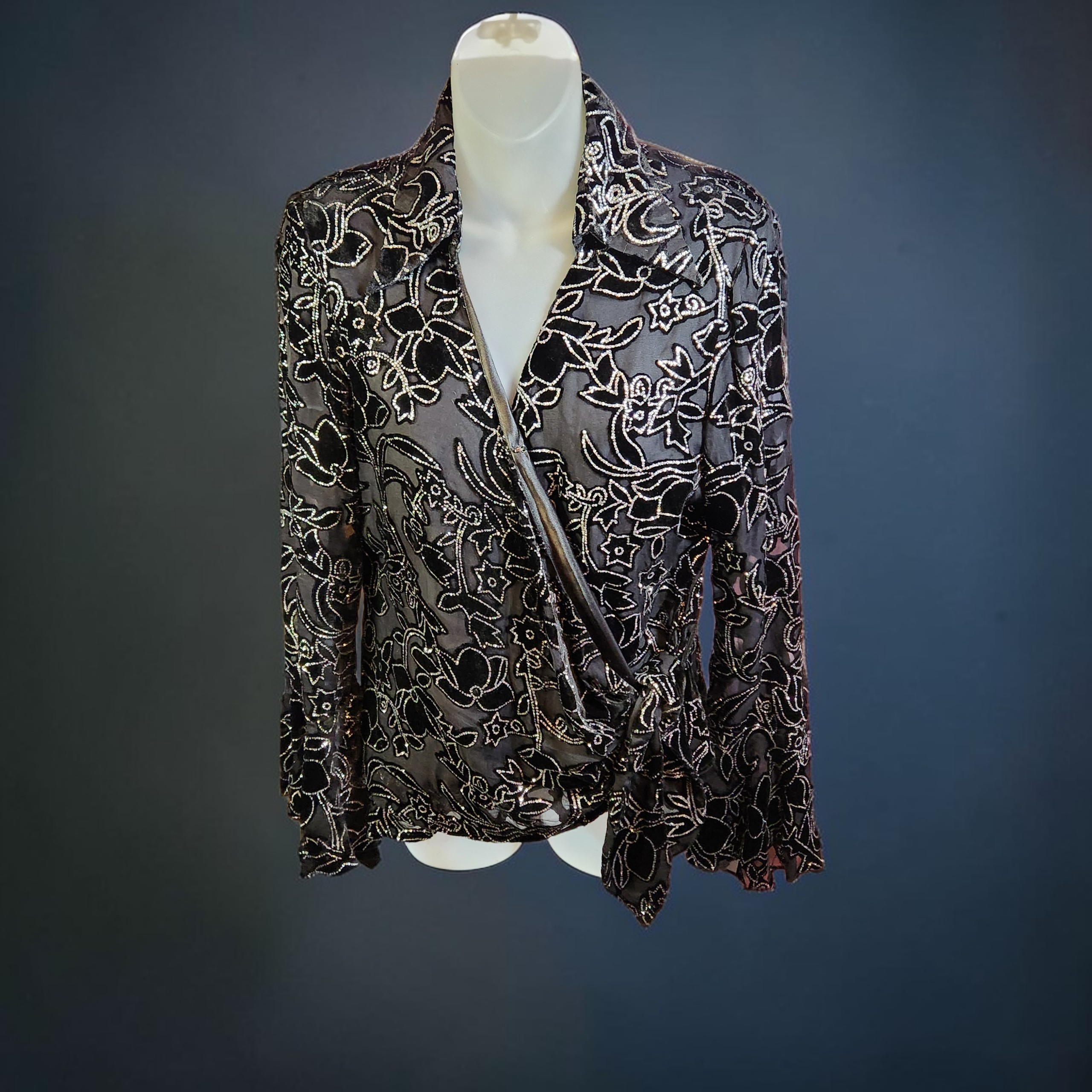 Black Wrap Blouse Metallic Floral Embroidery