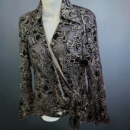 Black Wrap Blouse Metallic Floral Embroidery