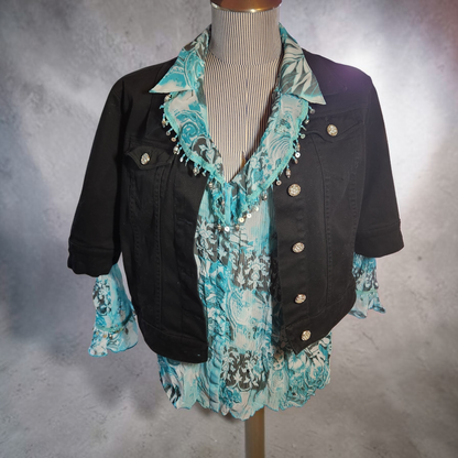 Black Denim Crop Jacket with Silver Buttons