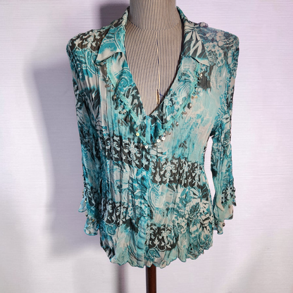 Turquoise, Black and White Sheer Long Sleeve Top