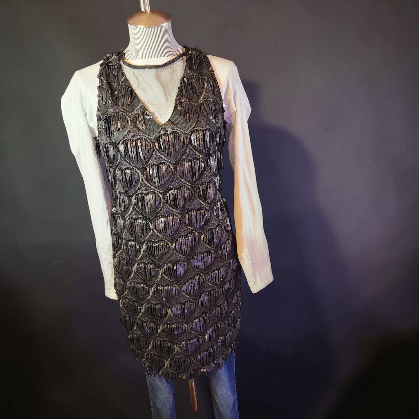 2000's Black Dangling Sequin Heart Dress