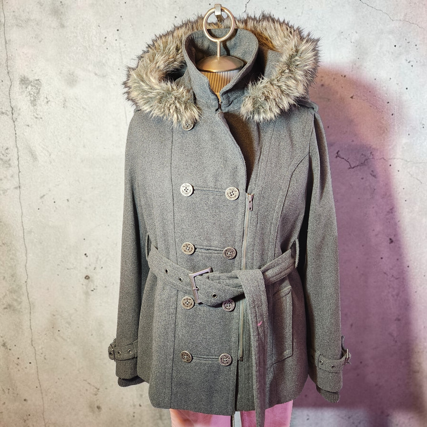 Grey Wool Belted Jacket with Faux Fur Hood
