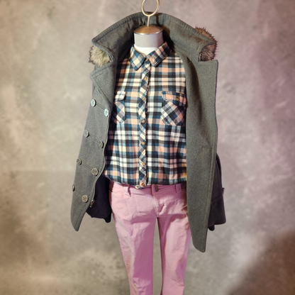 Grey Wool Belted Jacket with Faux Fur Hood