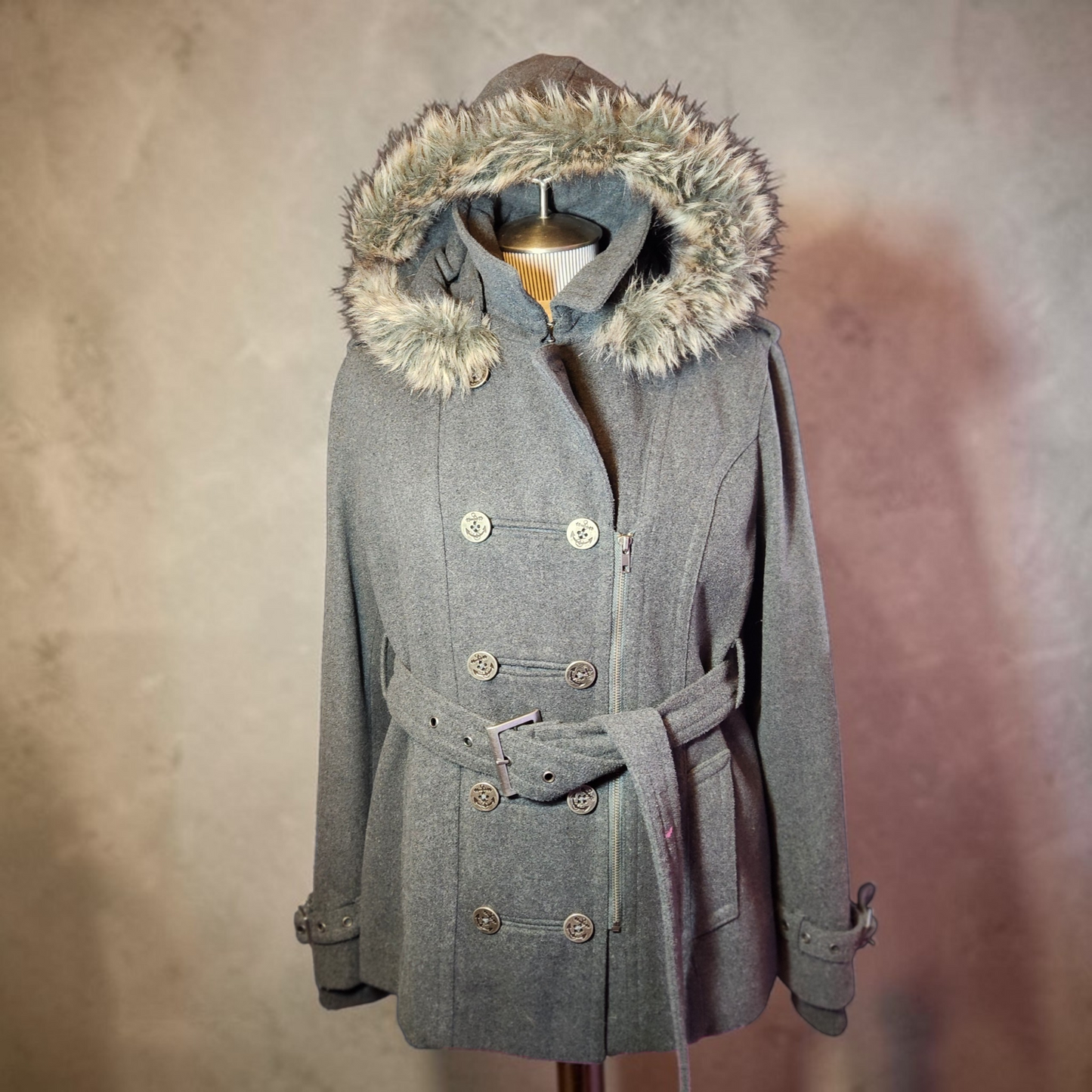 Grey Wool Belted Jacket with Faux Fur Hood