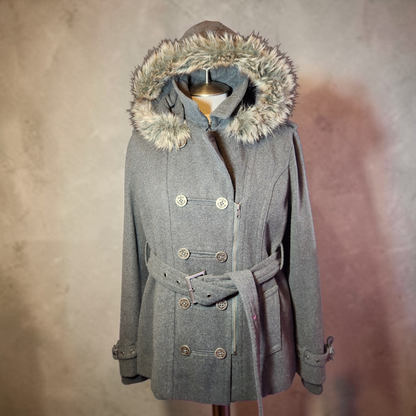 Grey Wool Belted Jacket with Faux Fur Hood