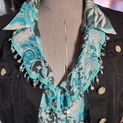 Turquoise, Black and White Sheer Long Sleeve Top