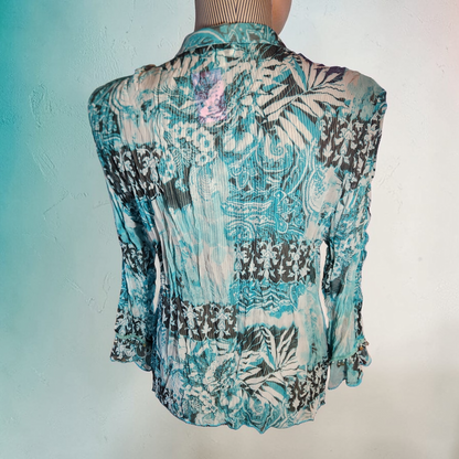 Turquoise, Black and White Sheer Long Sleeve Top