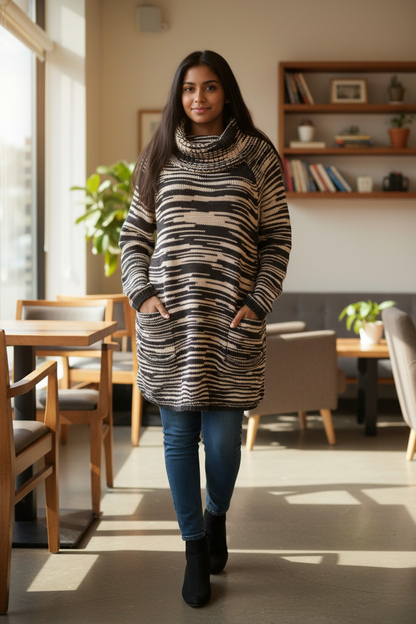 Black/White Mock Neck Sweater with Pockets