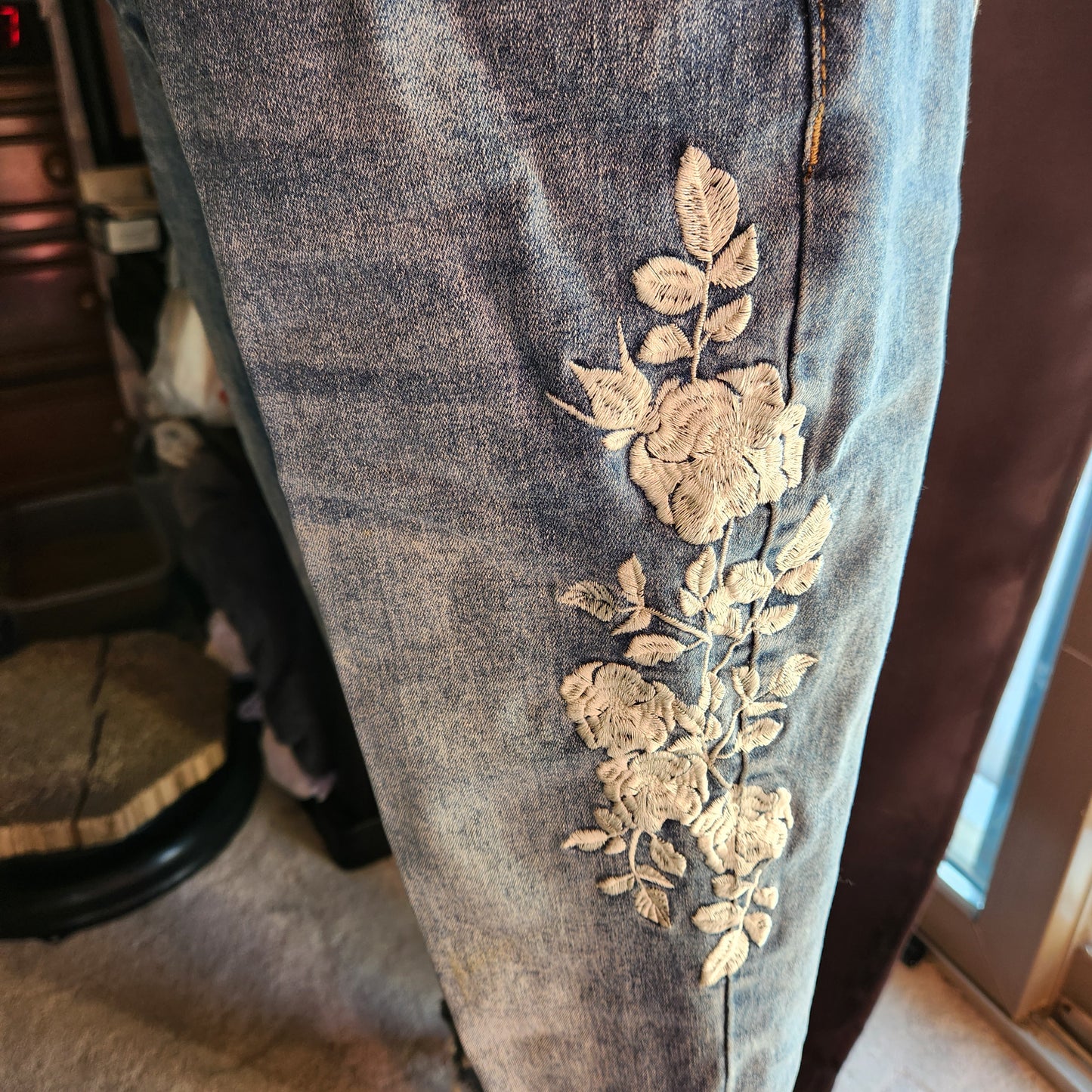 Y2K Embroidered Jeans with Bottom Fringe