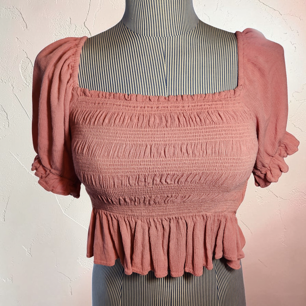 Salmon Elastic Crop Top with Sleeves