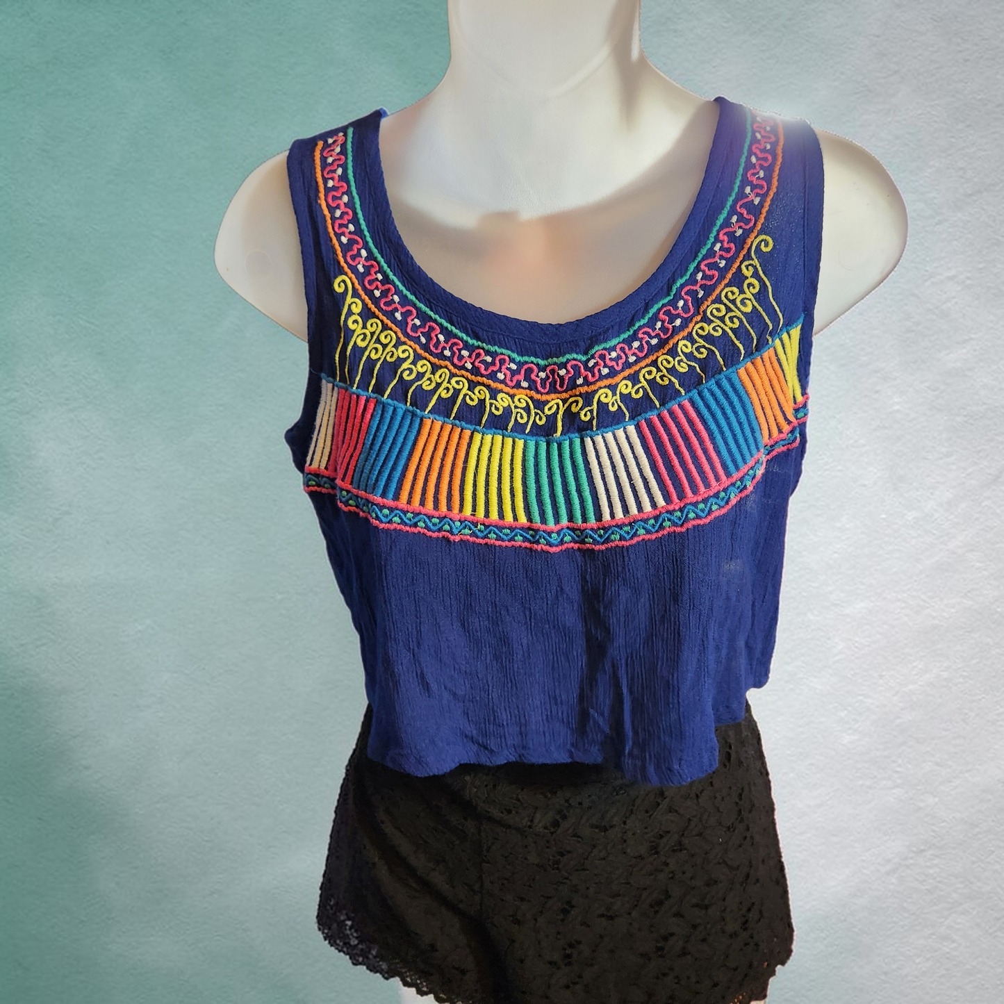 Navy Blue Embroidered Sleeveless Lightweight Top