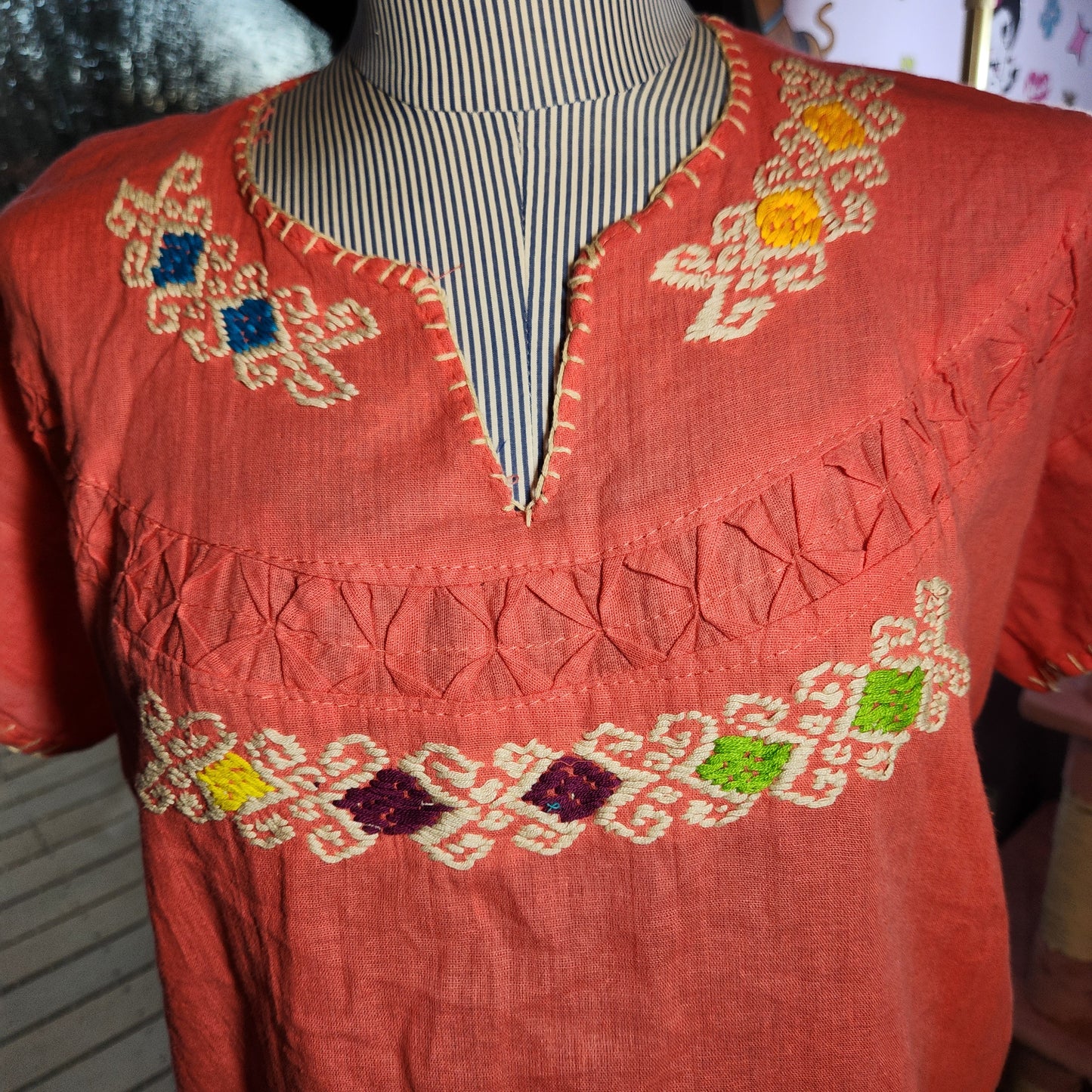 Linen Orange Short Sleeve Embroidered Top