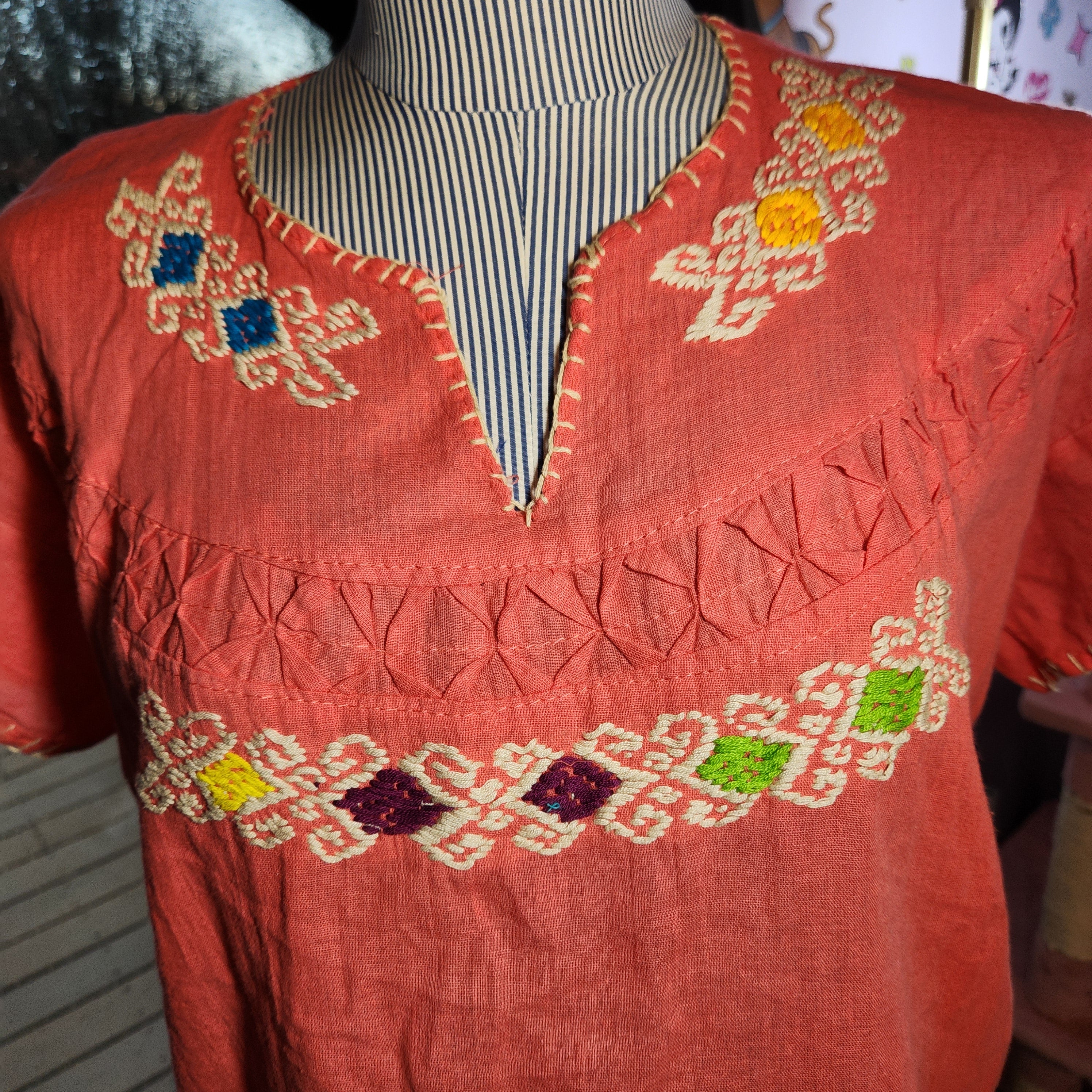 Linen Orange Short Sleeve Embroidered Top