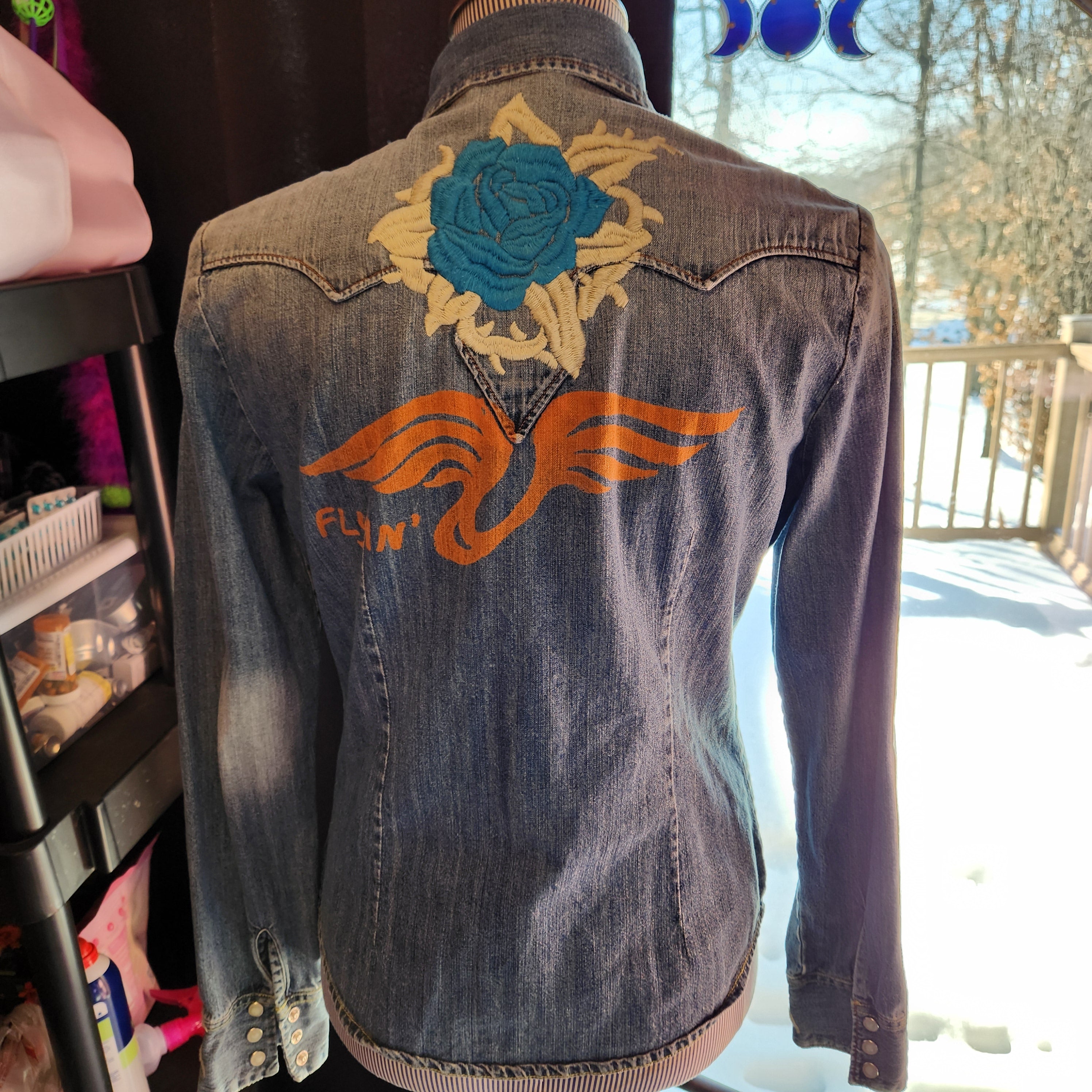 Y2K Embroidered, Denim, Long Sleeve Shirt