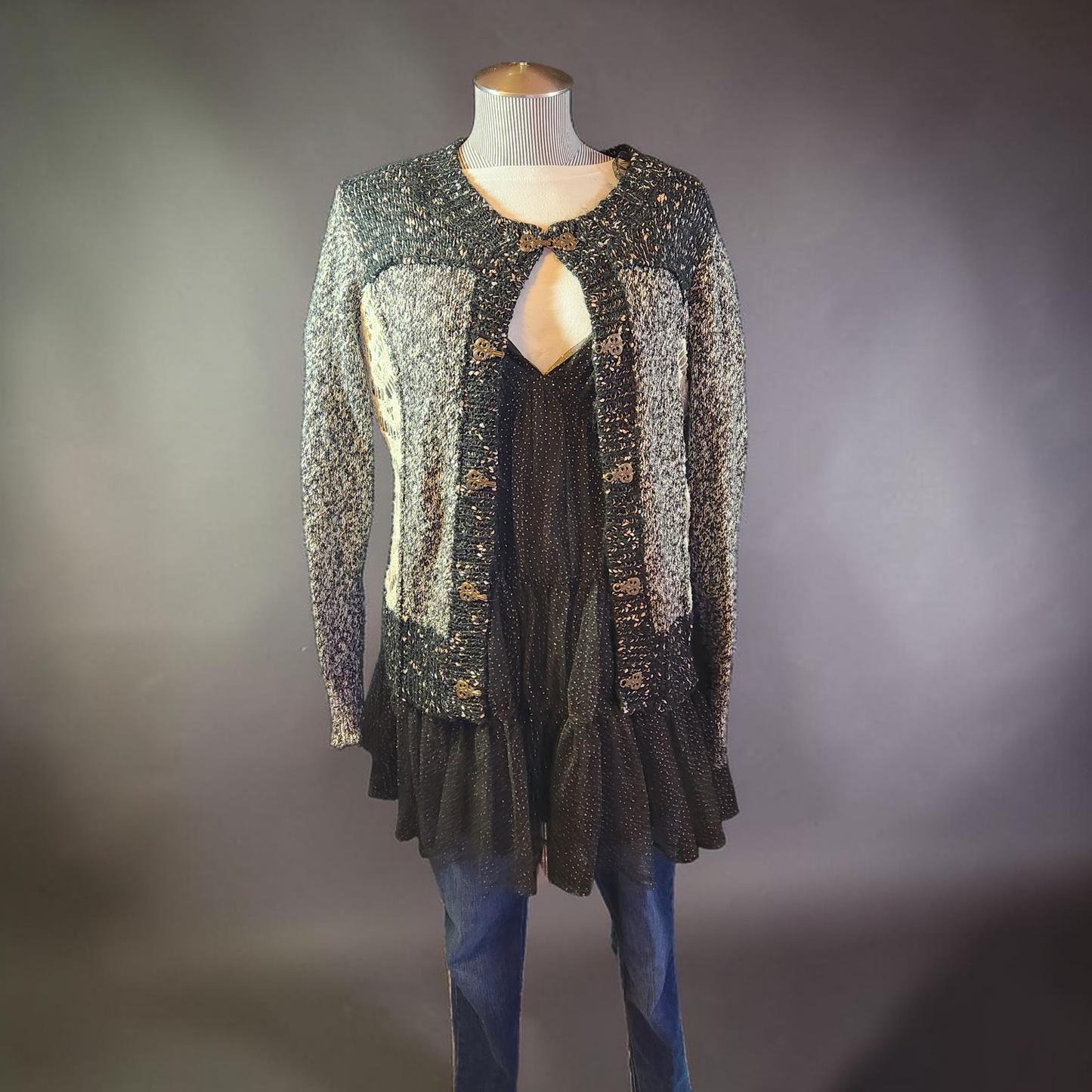 Light Crocheted Patchwork Sweater with Gold Clasps
