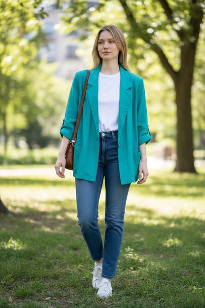 1980's Turquoise Button Down Jacket with Shoulder Pads