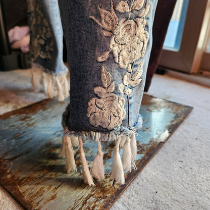 Y2K Embroidered Jeans with Bottom Fringe