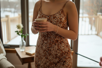 Y2K mini dress. Tan, White and Black with Flowers