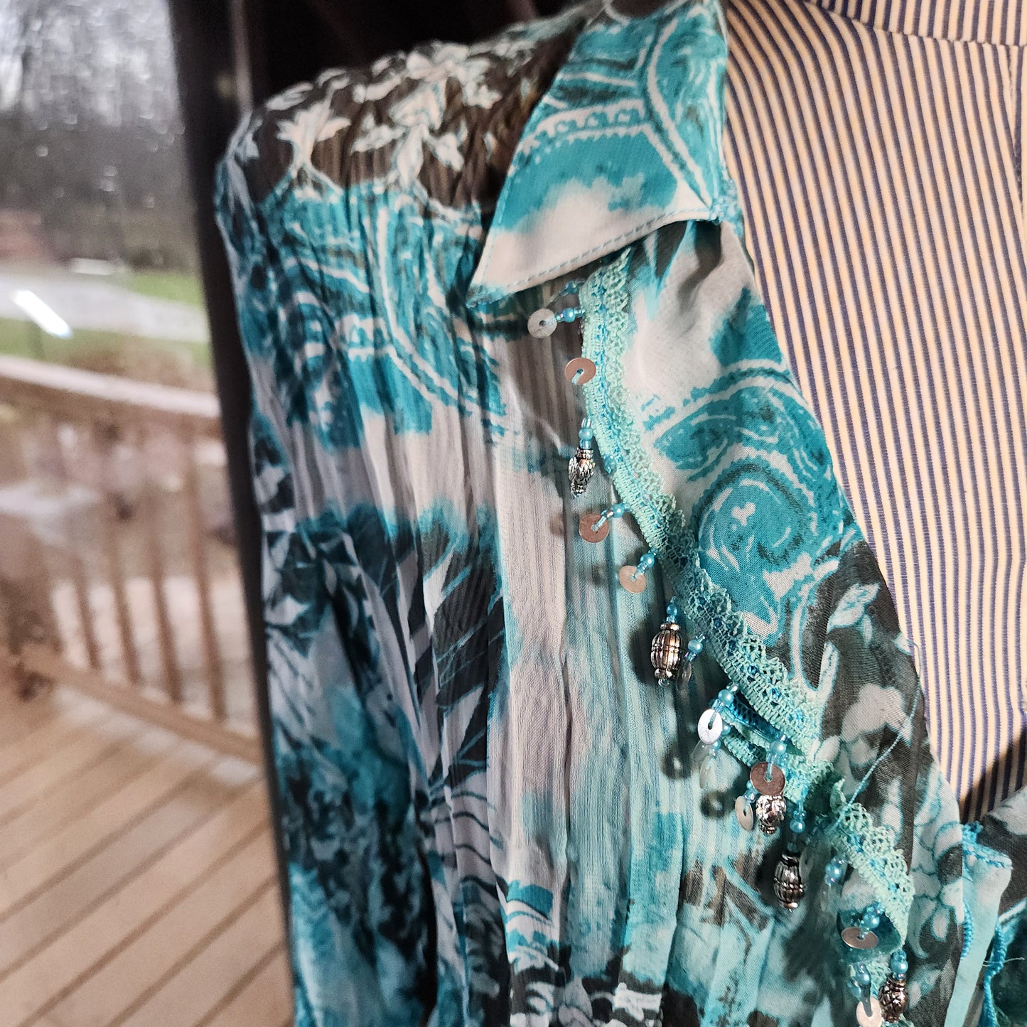 Turquoise, Black and White Sheer Long Sleeve Top