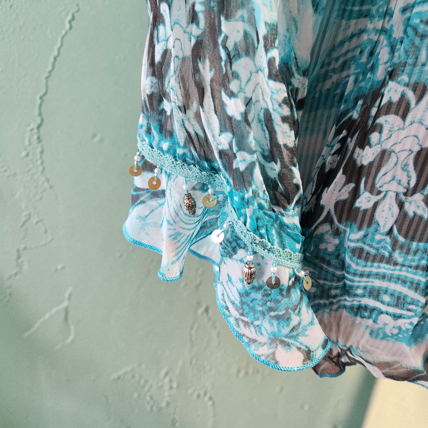 Turquoise, Black and White Sheer Long Sleeve Top