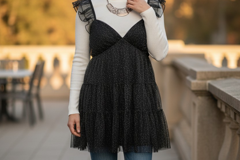 2000's Black Tulle with Gold Pokadot Ruffled Sundresss