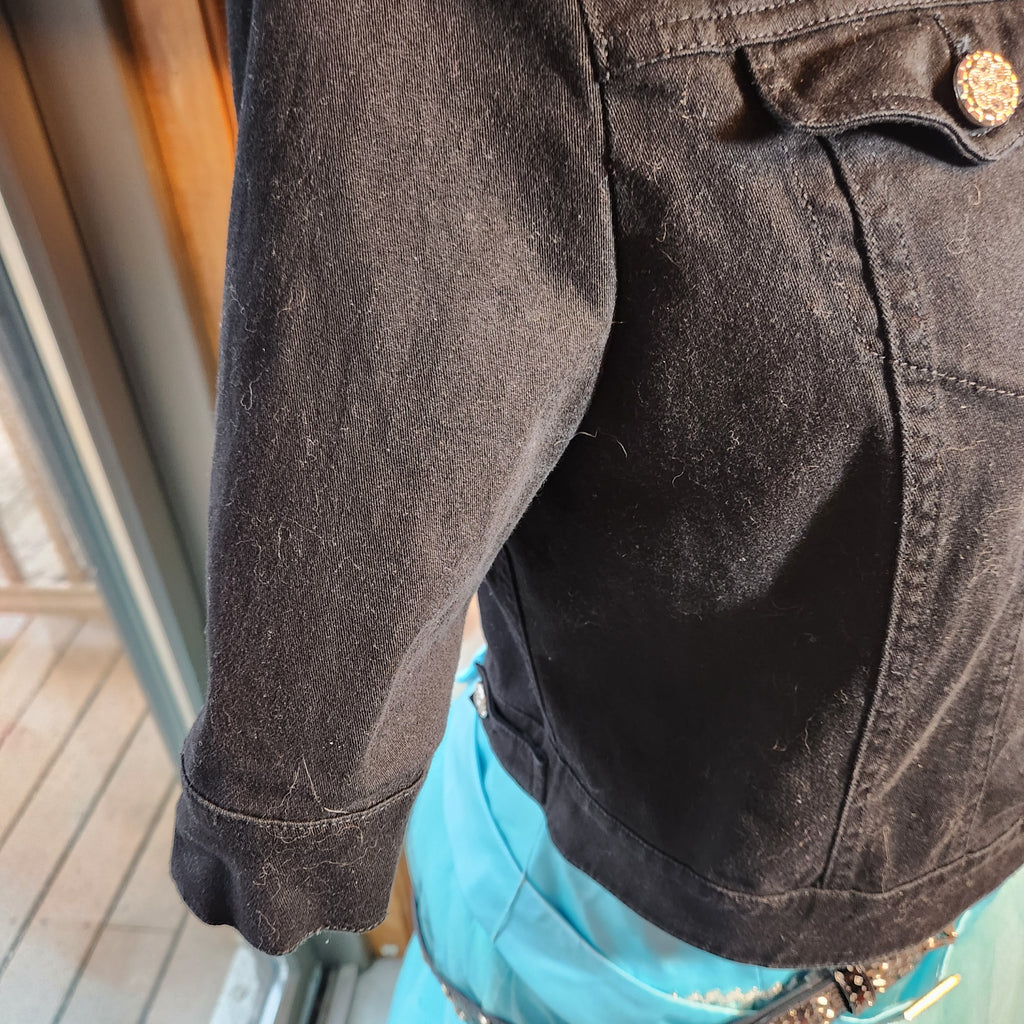 Black Denim Crop Jacket with Silver Buttons