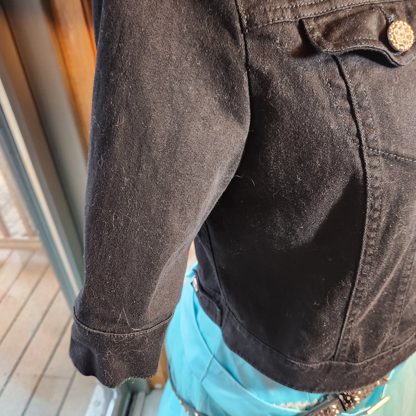 Black Denim Crop Jacket with Silver Buttons