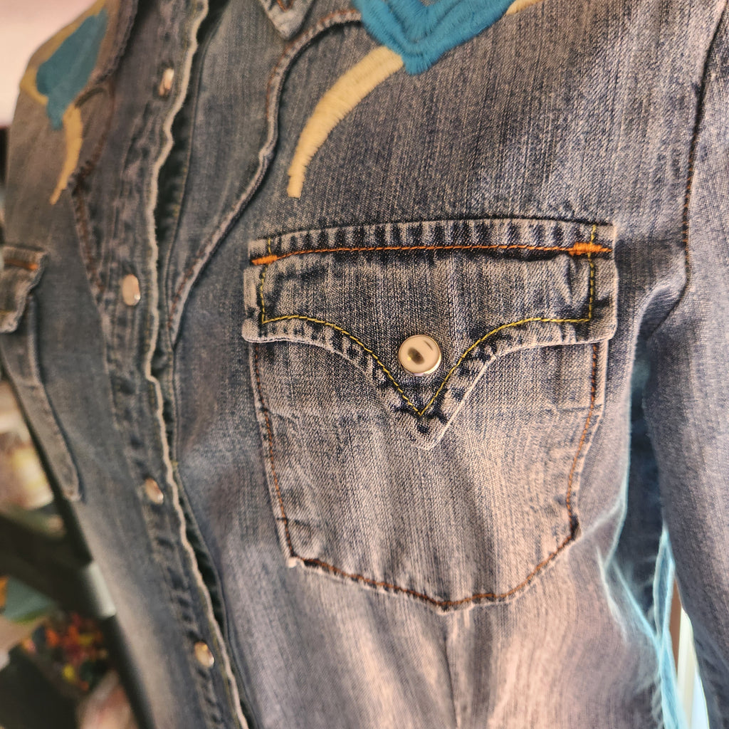 Y2K Embroidered, Denim, Long Sleeve Shirt