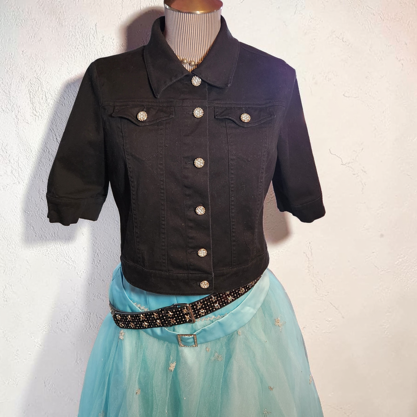 Black Denim Crop Jacket with Silver Buttons