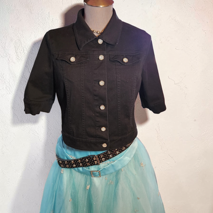 Black Denim Crop Jacket with Silver Buttons
