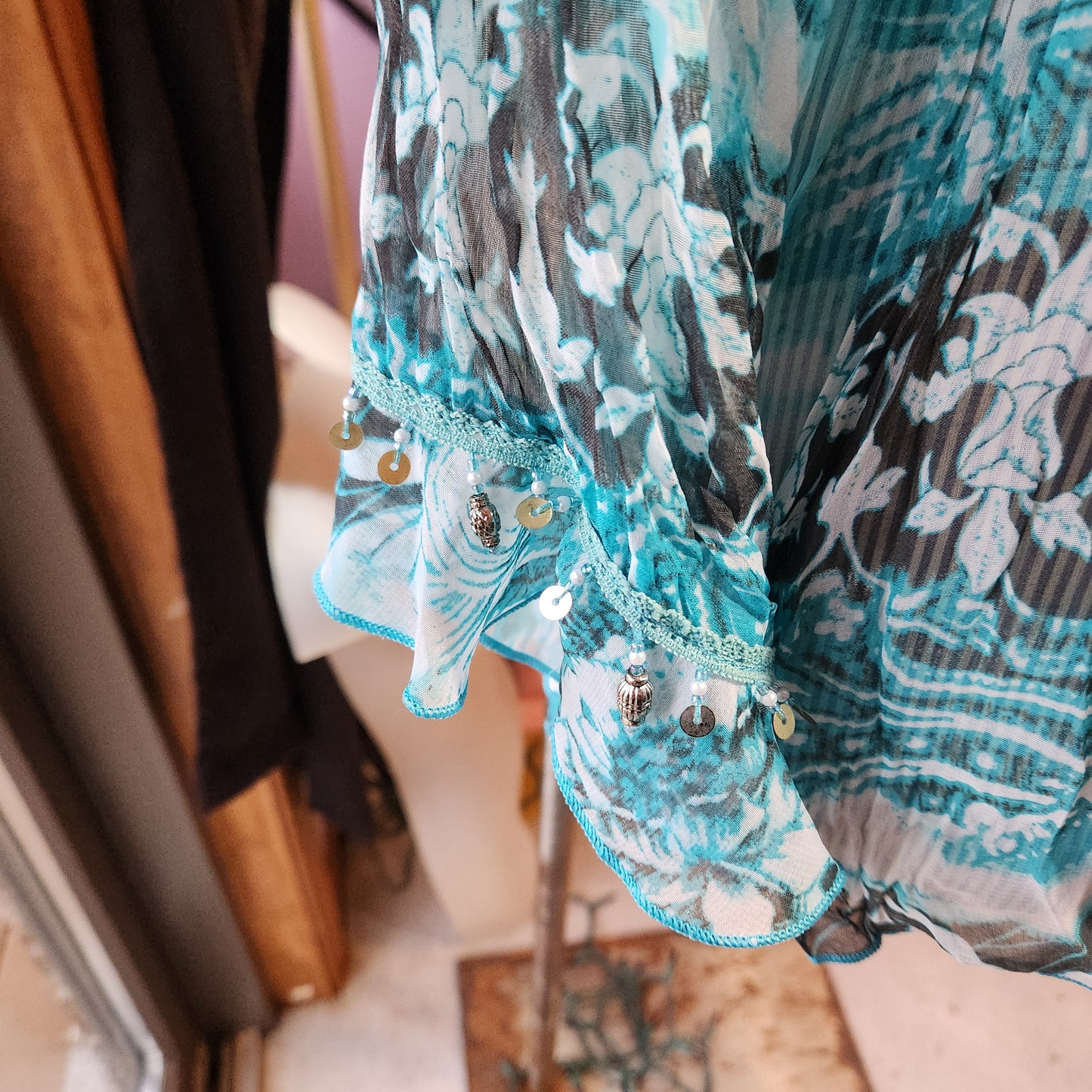 Turquoise, Black and White Sheer Long Sleeve Top