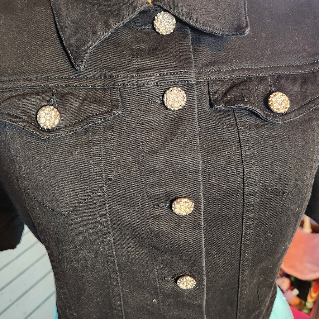 Black Denim Crop Jacket with Silver Buttons