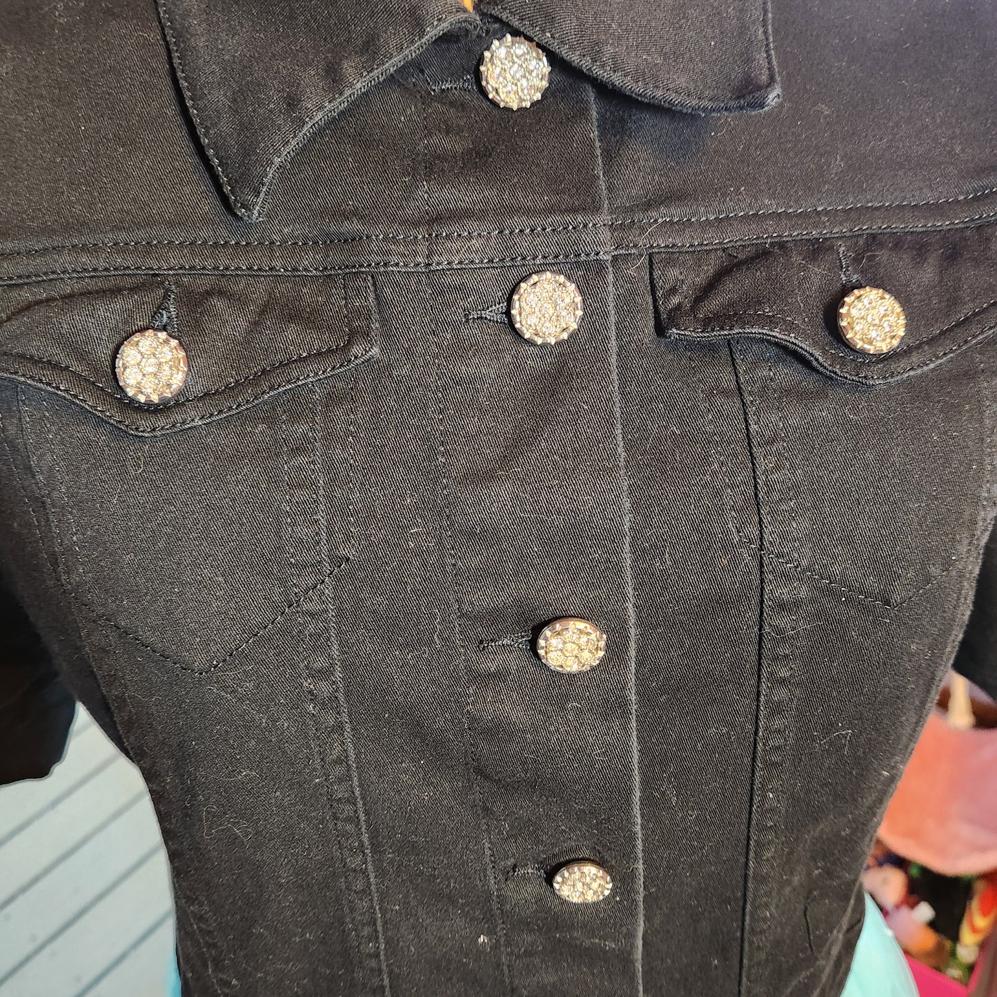 Black Denim Crop Jacket with Silver Buttons