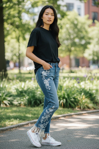 Y2K Embroidered Jeans with Bottom Fringe
