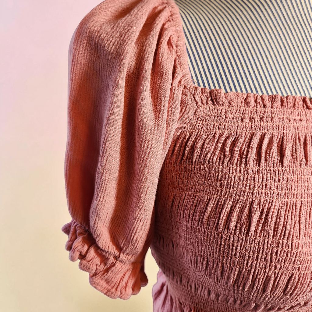 Salmon Elastic Crop Top with Sleeves