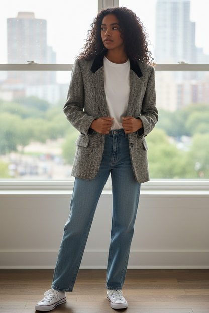 Houndstooth Jacket with Velour Collar