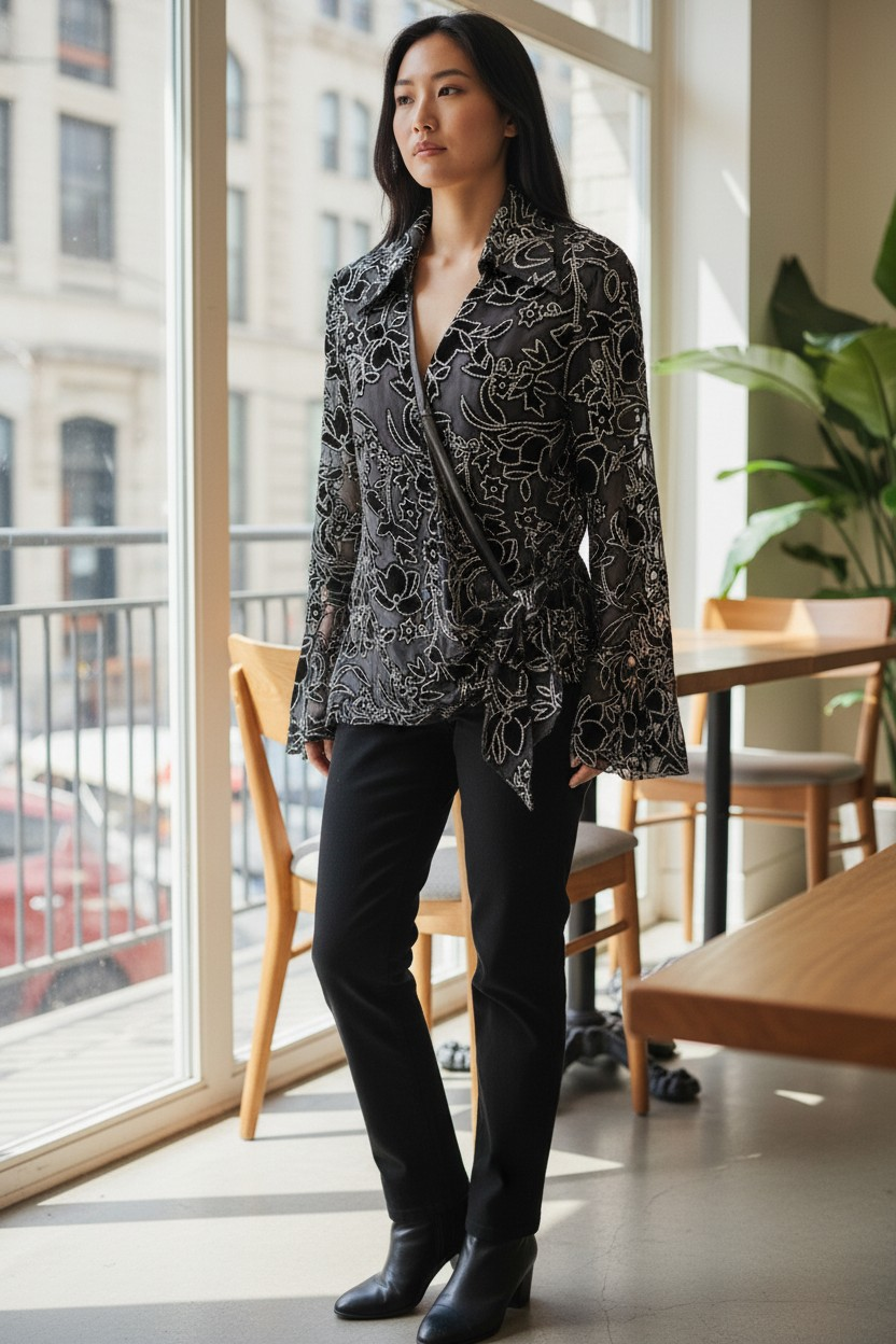 Black Wrap Blouse Metallic Floral Embroidery