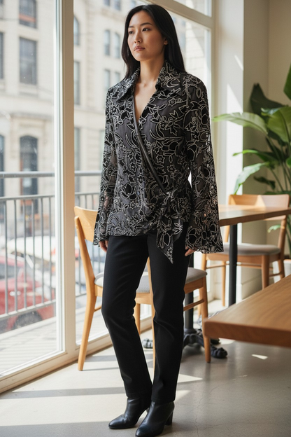 Black Wrap Blouse Metallic Floral Embroidery