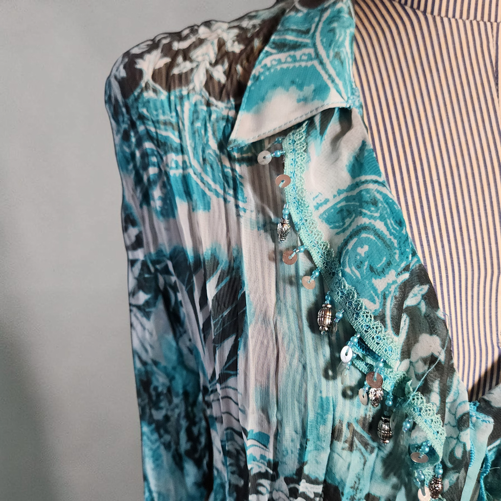 Turquoise, Black and White Sheer Long Sleeve Top