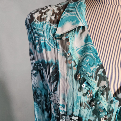 Turquoise, Black and White Sheer Long Sleeve Top