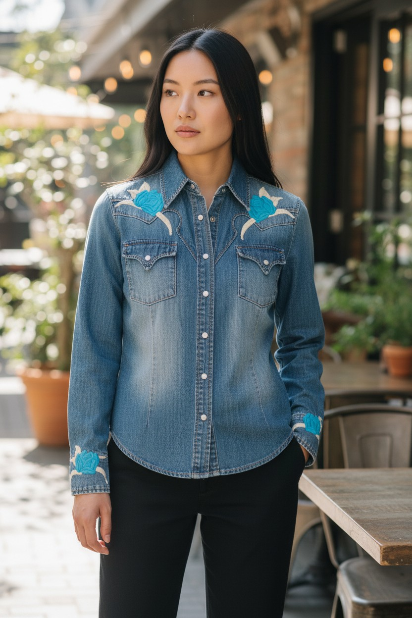 Y2K Embroidered, Denim, Long Sleeve Shirt