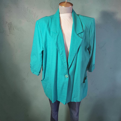 1980's Turquoise Button Down Jacket with Shoulder Pads