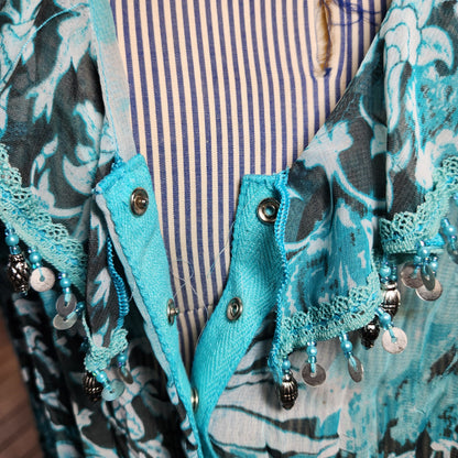 Turquoise, Black and White Sheer Long Sleeve Top