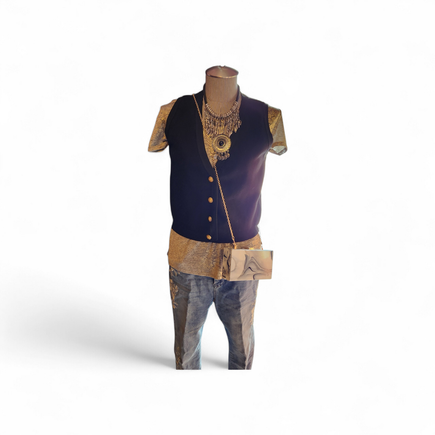 Black Sweater Vest with Engraved Gold Buttons